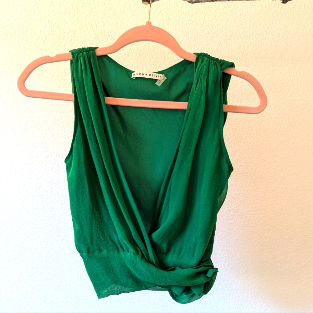 Alice & Olivia Green Silk Chiffon Sleeveless Wrap Top Size Small